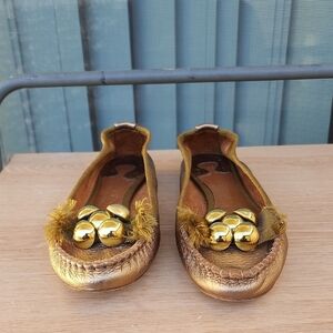 Chloe Leather Grosgrain Trim Beaded Accent Gold Ballet flats 37.5 EU / 7US